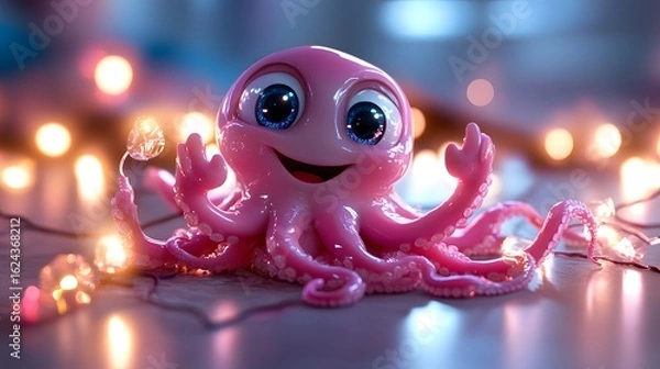 Obraz Playful Pink Octopus with Sparkling Eyes in a Festive Setting