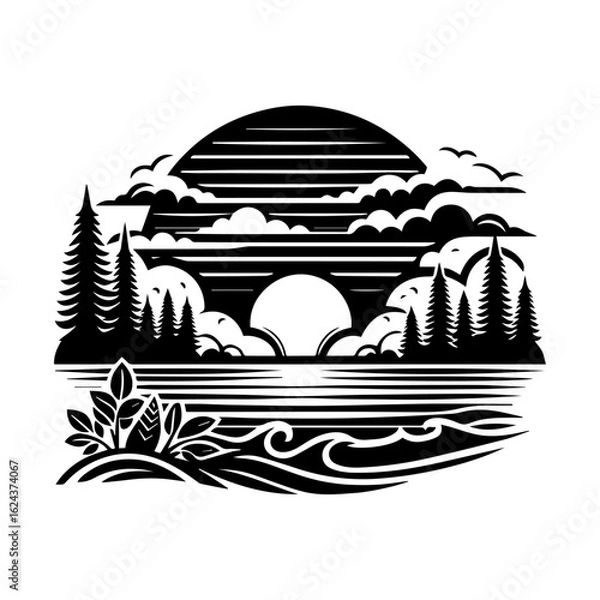 Obraz Stylized Sunset Over Water with Pine Trees