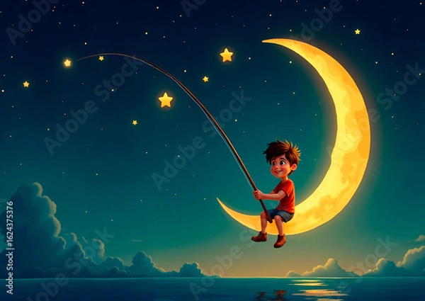 Obraz cartoon boy sitting on a crescent moon and catching stars with a fishing rod