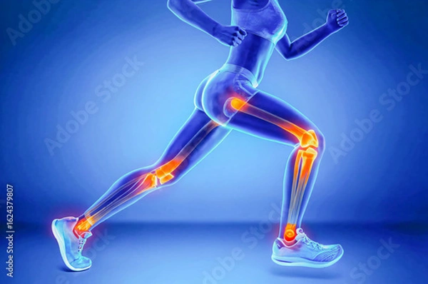Obraz Running Woman Anatomy in 3D – Highlighted Knee, Hip, and Ankle Joints Medical Concept, Medical 3D Illustration of Female Athlete in Motion – Skeletal and Joint Anatomy Highlighted
