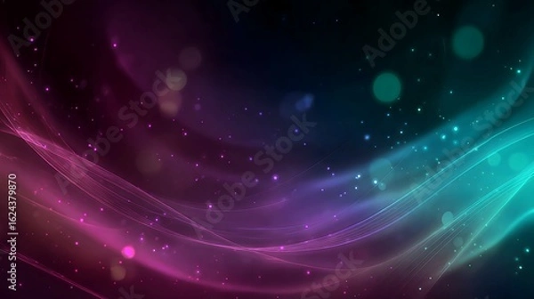 Fototapeta Elegant and abstract digital wave with glowing lines and particles in vibrant pink, purple, and cyan, creating a futuristic and dreamy backdrop.