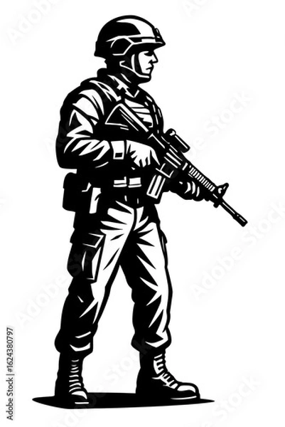 Fototapeta Black and White Vector of a Soldier with a Rifle