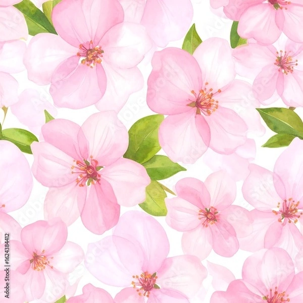 Fototapeta Delicate pink blossoms and green leaves create a seamless floral pattern