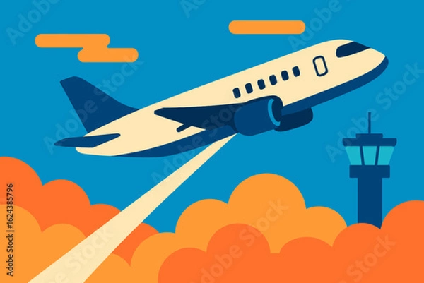 Fototapeta A sleek passenger airplane takes off into a clear blue sky, ascending above stylized clouds, with an air traffic control tower, symbolizing modern flight.