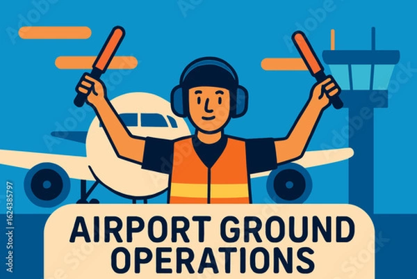 Fototapeta Ground operations worker in vest and headphones directs airplane on tarmac with marshalling wands, symbolizing crucial airport tasks.