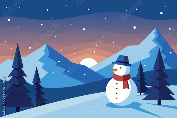 Fototapeta outdoor winter scene with a snowman wearing a sca.eps