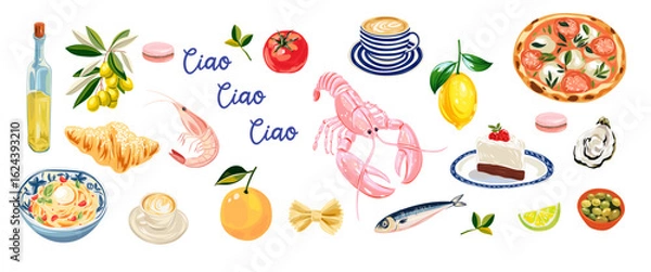 Fototapeta Set of Italian Mediterranean elements featuring hand-drawn illustrations of olive oil, olives, shrimp, espresso, lemon, pizza, croissant, pasta, and sardines. Perfect for summer branding, cards