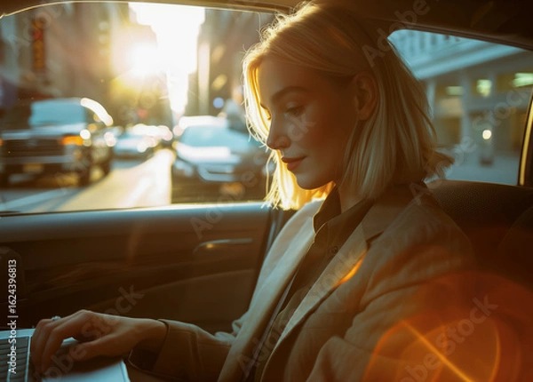 Fototapeta Beautiful businesswoman riding in taxi and working on work documents