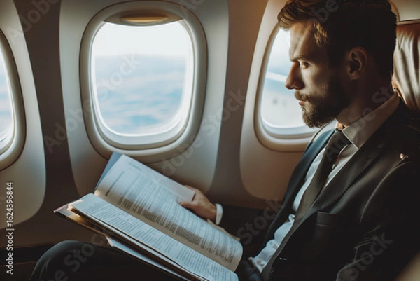 Fototapeta A businessman man sits on an airplane and studies working documents
