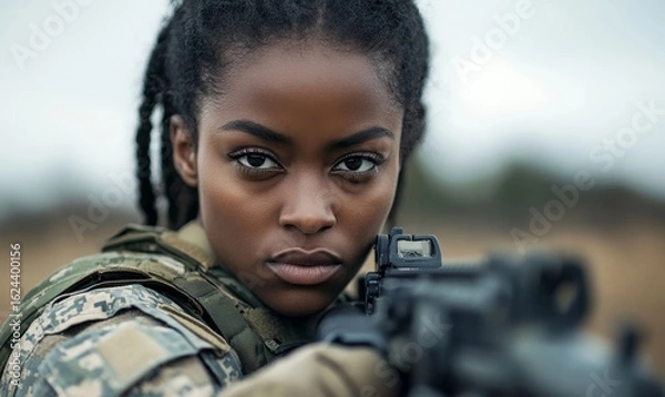 Fototapeta Close-up of black female army soldier holding weapon in professional military setting, symbolizing bravery and dedication, Generative AI