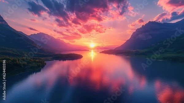 Fototapeta Serene sunset over tranquil lake surrounded by mountains (1)