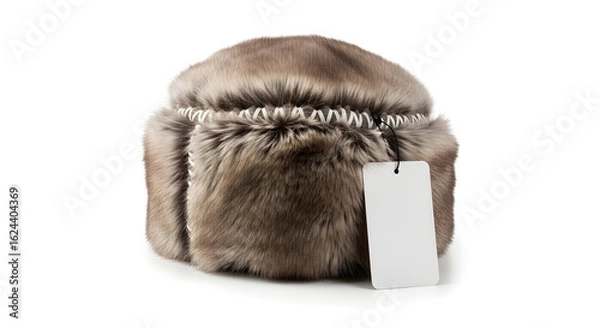 Obraz Fluffy Brown Fur Hat (Ushanka Style) with Blank Tag Isolated on White