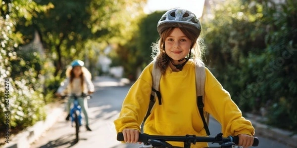 Fototapeta The joyful girl riding her bicycle on a sunny day in the park.