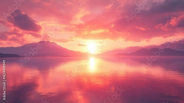 Fototapeta Serene sunset over tranquil lake with mountain backdrop (1)