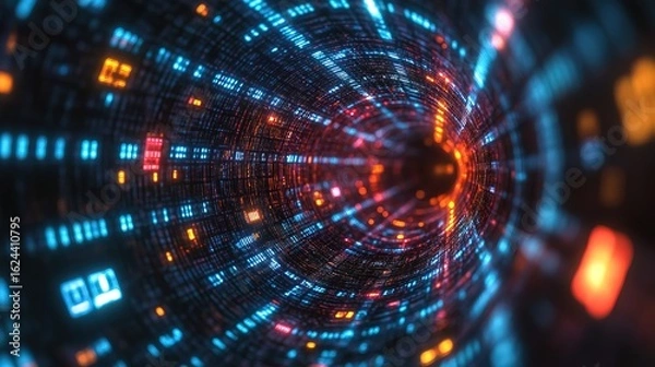 Obraz Abstract Futuristic Digital Tunnel Data Stream with Glowing Light Effect