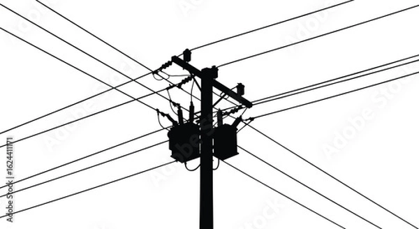 Fototapeta High voltage power pole with electric transformers and overhead utility wires, energy transmission infrastructure, black silhouette on white background