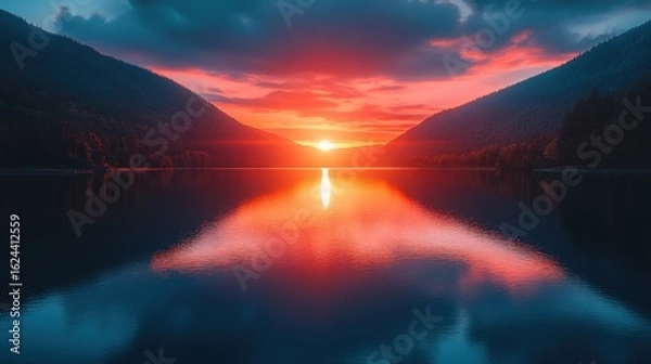 Obraz Serene sunset over tranquil lake with mountains reflected