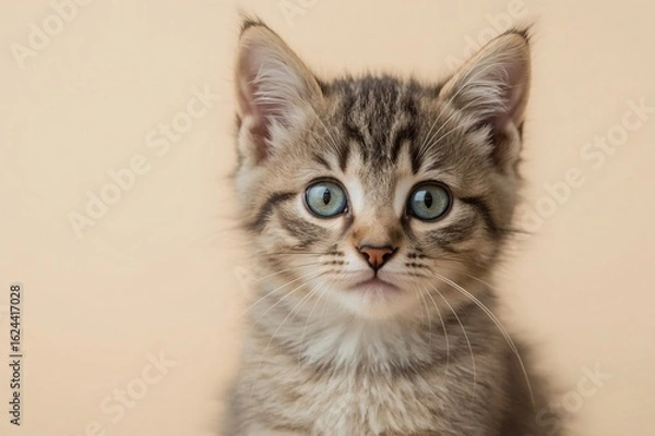 Obraz Cute kitten portrait, studio beige background, adoption