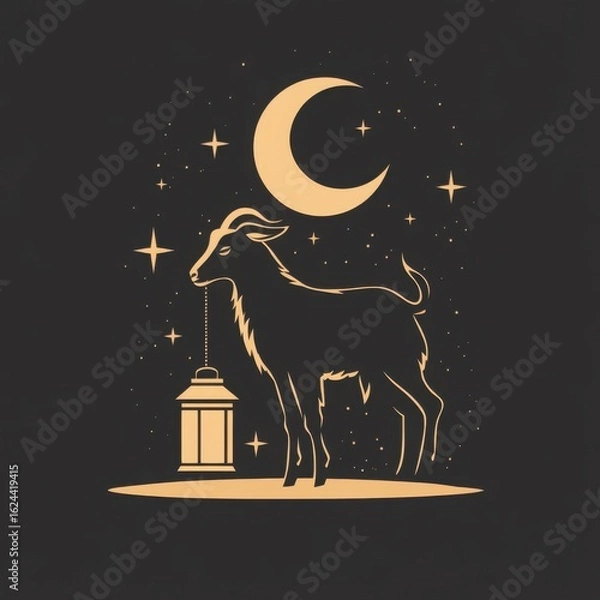 Fototapeta Nocturnal Goat Silhouette Under Crescent Moon and Stars with Lantern