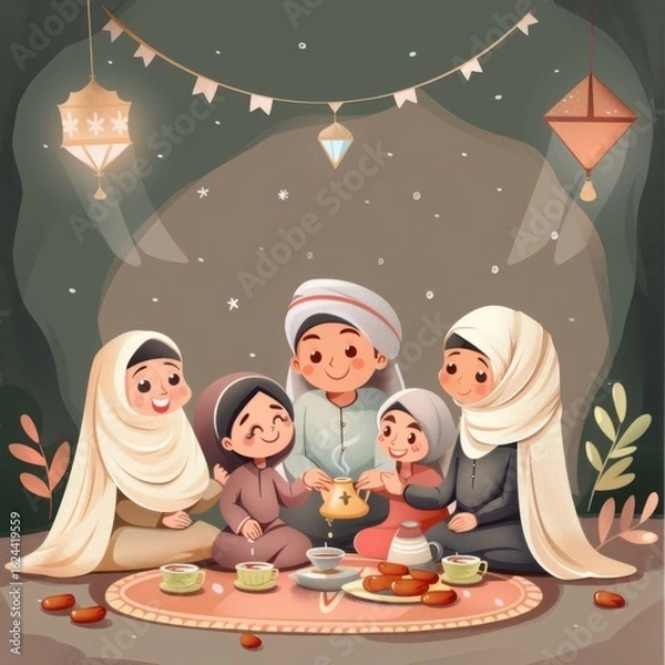 Fototapeta Muslim Family Gathering During Ramadan: A Warm Evening of Togetherness and Celebration