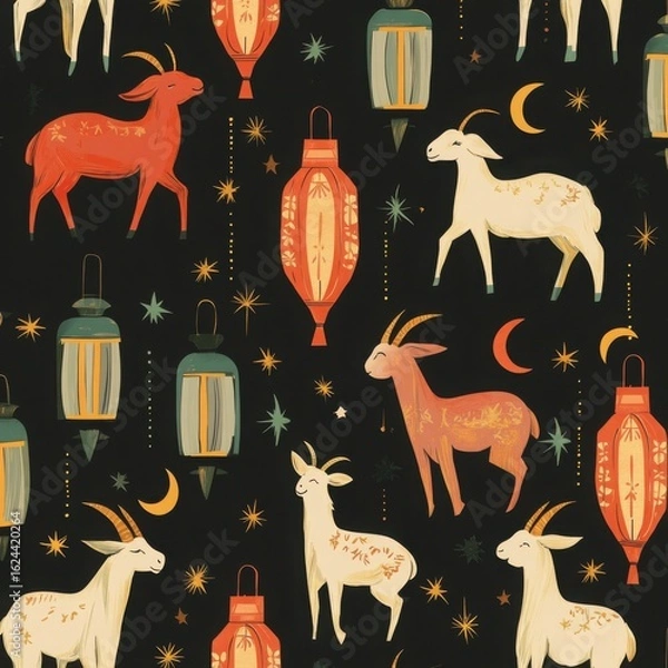 Fototapeta Enchanted Night Sky Goats and Lanterns Festive Pattern Design