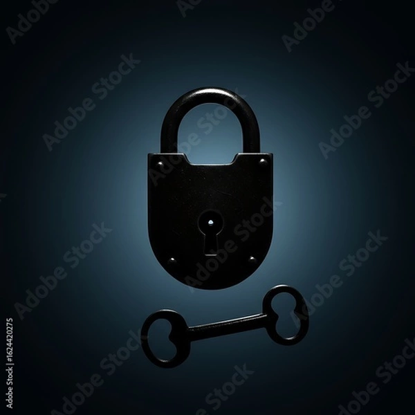 Fototapeta A black padlock with a key beneath it, centered on a dark blue background with a spotlight effect.