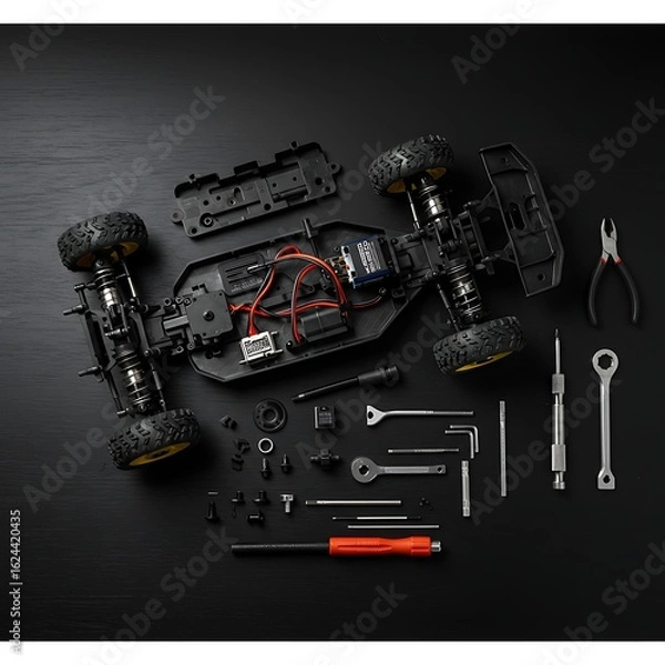 Fototapeta Disassembled RC car chassis surrounded by various tools and spare parts on a dark surface.