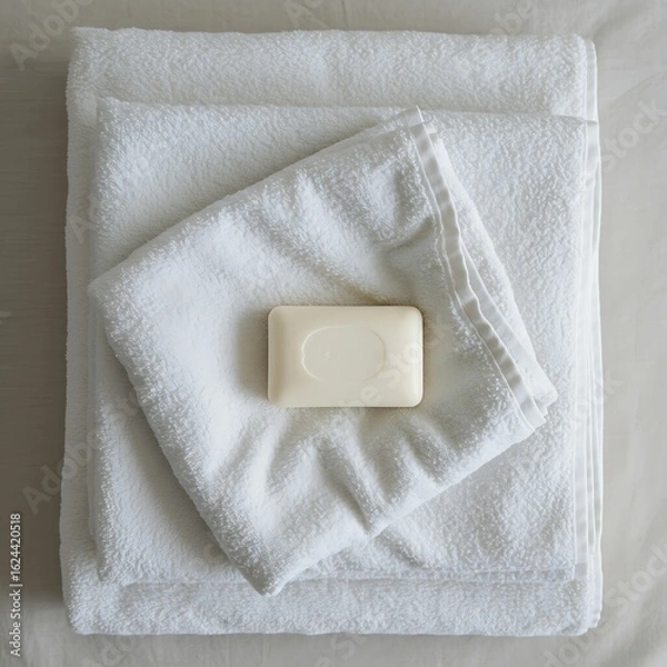 Fototapeta Neatly folded white towels with a bar of soap placed on top, presented in a clean and simple arrangement.