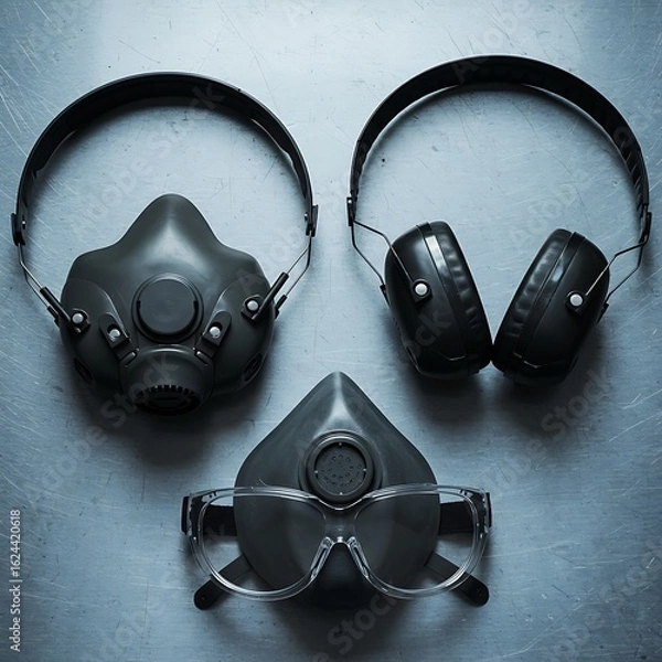 Fototapeta Protective equipment including a respirator mask, safety glasses, and noise-canceling headphones arranged on a textured surface.