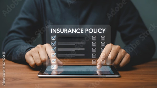 Fototapeta Person reviewing insurance policy details on digital tablet, confirming coverage and benefits with secure digital access