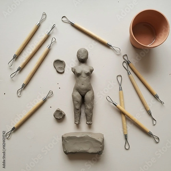 Fototapeta Clay sculpture of a woman's torso surrounded by sculpting tools and raw clay, with a terracotta pot in the background.