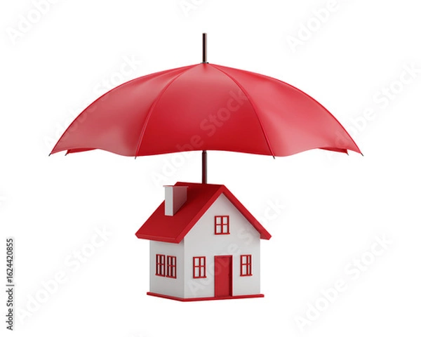 Obraz A red umbrella covering an icon of a house isolated on background