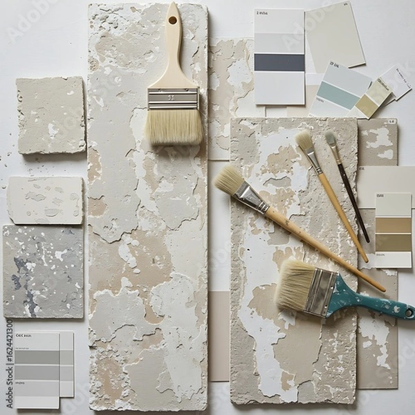 Fototapeta Paint swatches and tools arranged with distressed plaster samples for interior design inspiration.