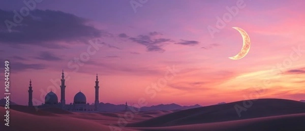 Fototapeta Majestic Mosque at Sunset with Crescent Moon in Desert Landscape