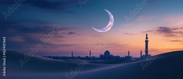 Fototapeta Serene Crescent Moon Over Desert Mosque at Sunset: A Breathtaking Ramadan Scene