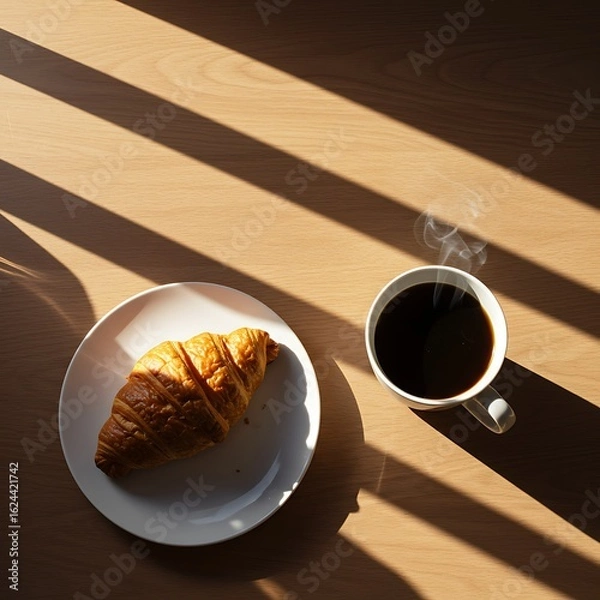 Fototapeta A croissant and a cup of coffee on a light wooden table, bathed in sunlight.