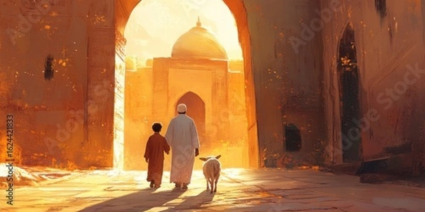 Fototapeta Golden Hour Journey: Father, Son, and Lamb Walk Towards a Mosque in the Desert