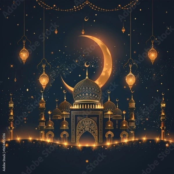 Fototapeta Majestic Mosque Under Crescent Moon: A Night of Ramadan Celebration