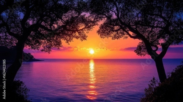 Obraz Serene sunset over tranquil sea framed by trees