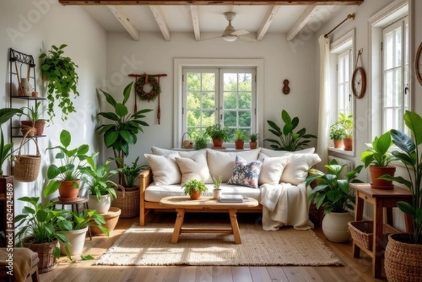 Fototapeta cozy cottage room with lots of plants layered fabrics wood elements stone planters and natural sunlight for a lush feeling no punctuation symbols or strange marks included