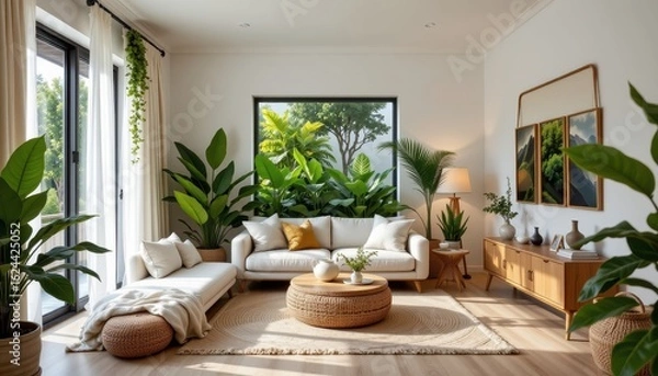 Fototapeta small living room with abundant greenery natural wood accents floor cushions and sheer curtains for a relaxed lush layout no punctuation or unusual characters used here