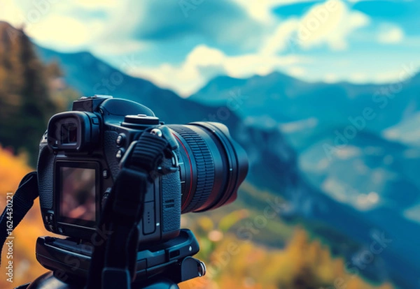Fototapeta Camera against the backdrop of a beautiful landscape