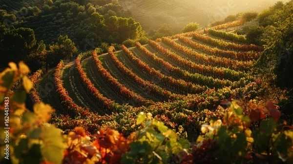 Obraz Serene Vineyard Landscape at Sunset with Rows of Vines