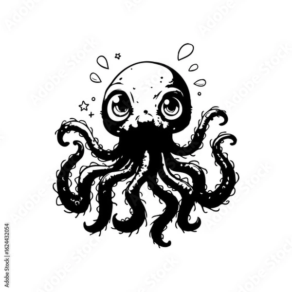 Fototapeta Charming cartoon octopus illustration with big eyes adorable sea creature black and white simplicity cute design