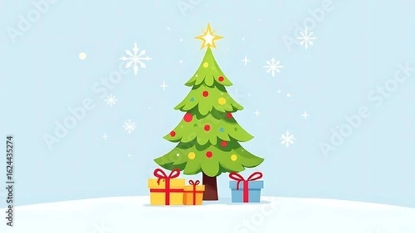 Fototapeta Flat vector showing decorated Christmas tree with gifts and snow. Ideal for holiday cards, social media posts, and seasonal marketing