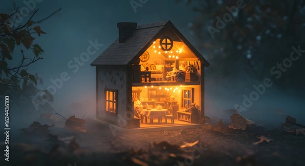 Obraz Miniature house glowing amidst a misty landscape evokes feelings of warmth and comfort