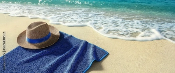 Fototapeta A blue towel lies on soft sand near the waters edge, with a straw hat resting on top. Gentle waves lap at the shore under a clear blue sky, creating a serene beach atmosphere
