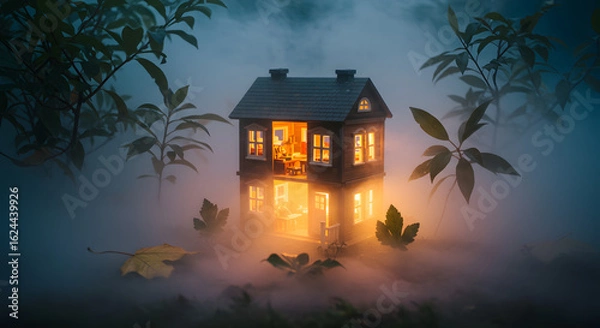 Obraz Enchanting miniature house illuminated amidst mystical fog and lush foliage creating a dreamlike