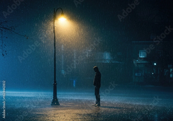Fototapeta Dramatic Contrast of Glowing Lamp and Dark Empty Street Surrounding Isolated Silhouette