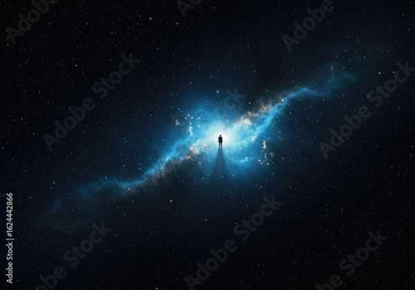 Fototapeta Isolated Figure Surrounded by Glowing Cosmic Clouds in Infinite Dark Space